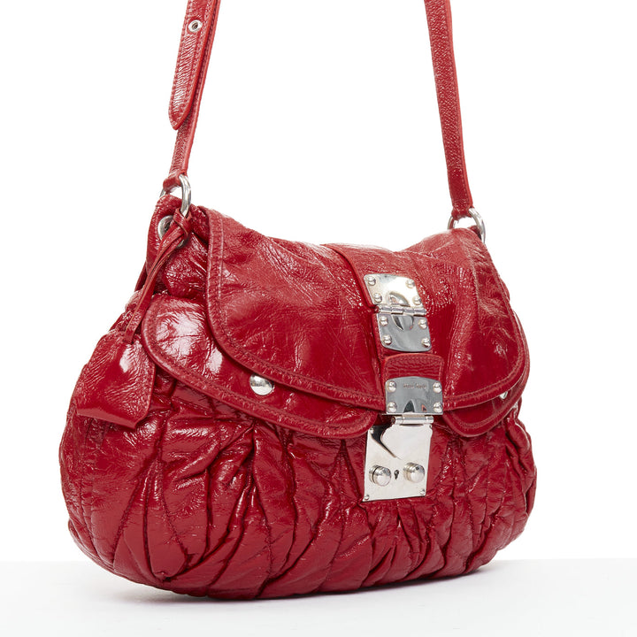 MIU MIU Coffer Hobo red Matelasse patent leather quilted crossbody bag