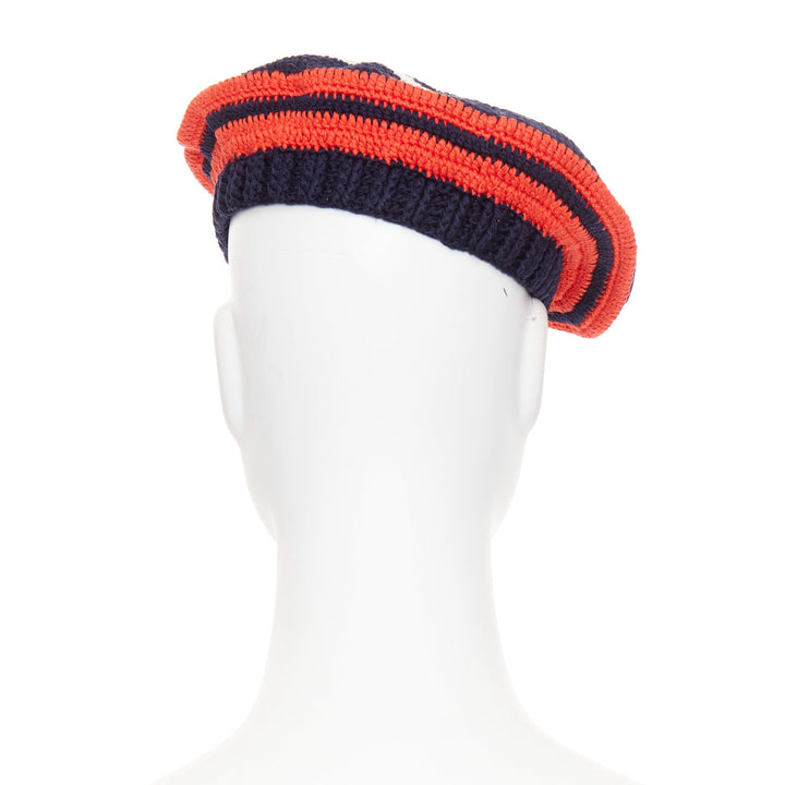 MIU MIU 2024 navy red white logo applique striped crochet knit beret hat M