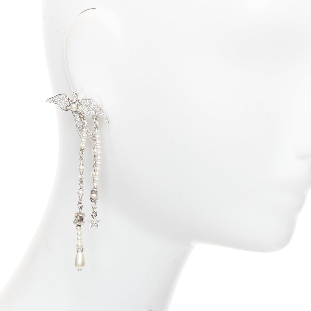 CHANEL C25S Swallow silver tone glass pearls rhinestones drop earrings Pair