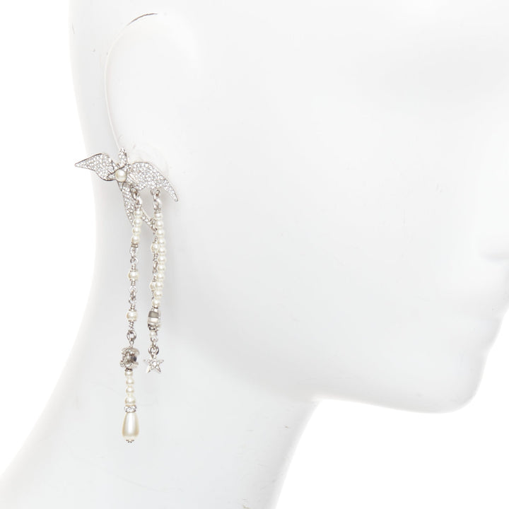 CHANEL C25S Swallow silver tone glass pearls rhinestones drop earrings Pair