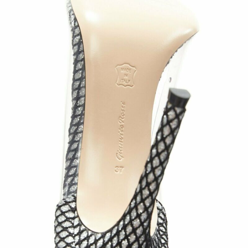 GIANVITO ROSSI Plexi 100 silver glitter black mesh PVC point toe pump EU37