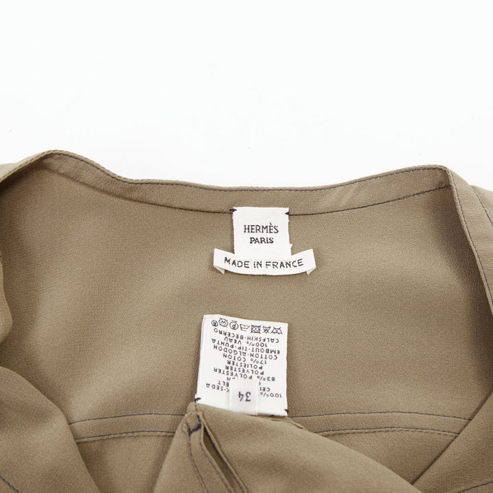 HERMES khaki tan covered button silk band collar long sleeve shift dress FR34