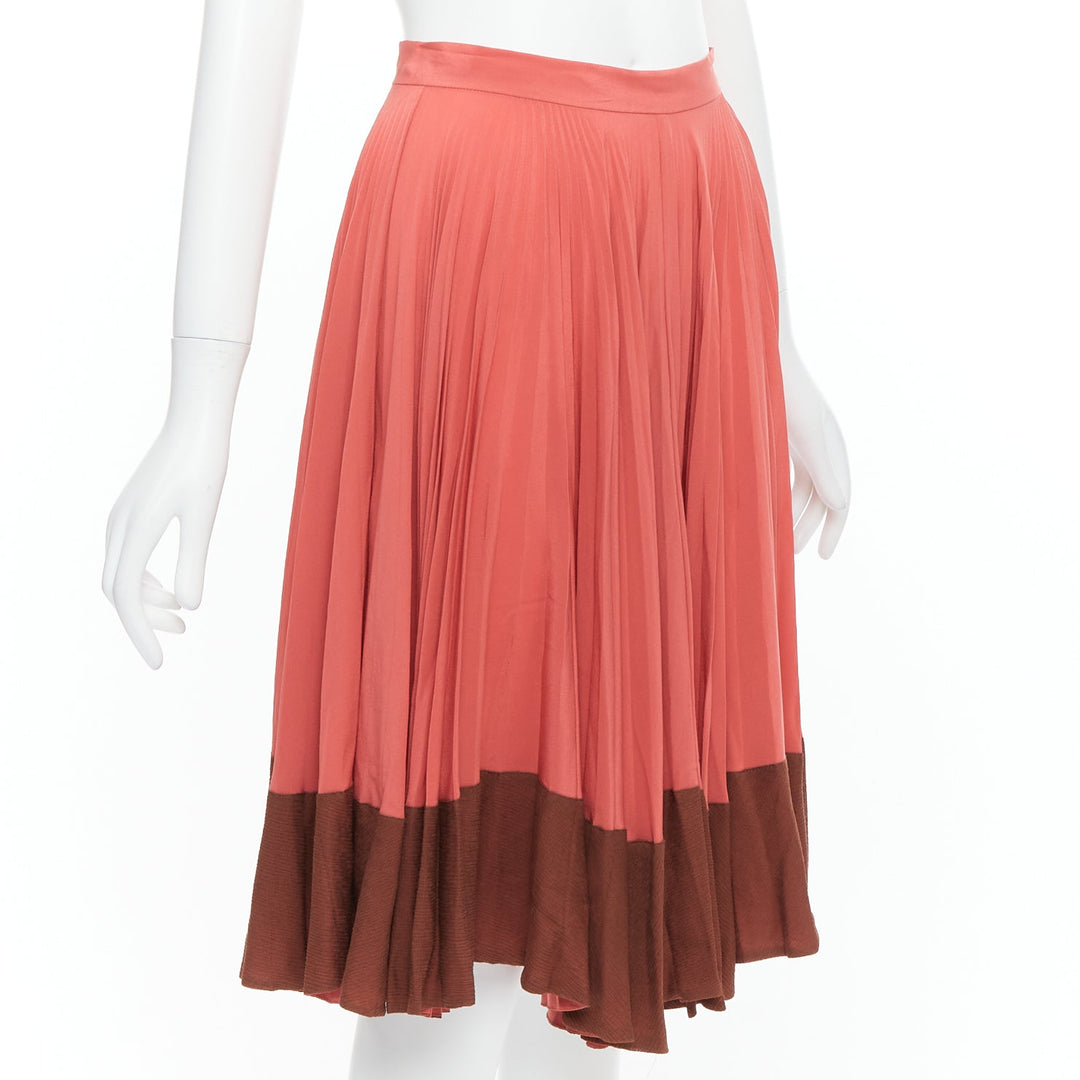 FENDI Vintage 100% silk  pink brown colorblock pleated midi skirt IT36 XXS