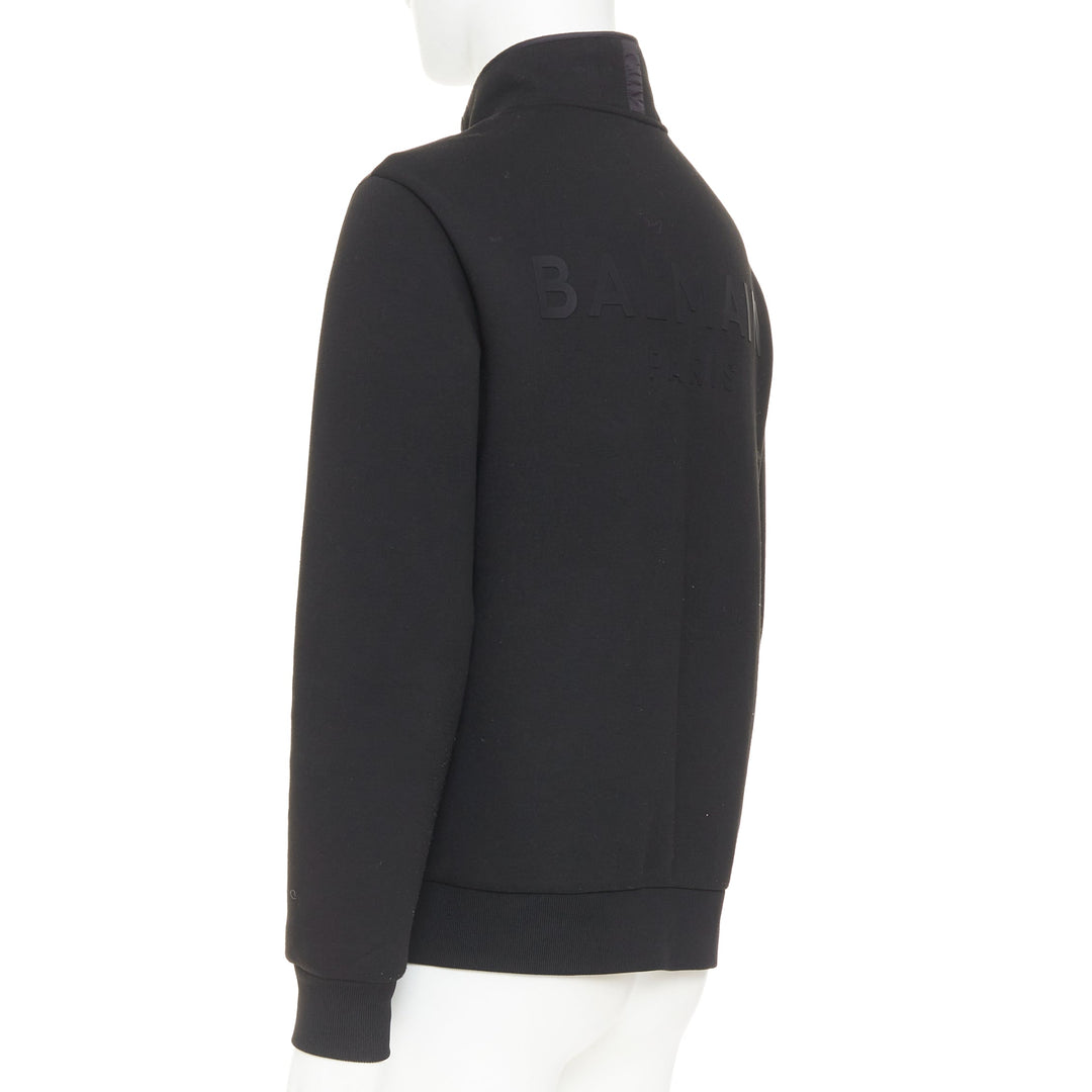 BALMAIN black mixed quilted puffer logo neoprene sleeves zip up jacket EU50 L