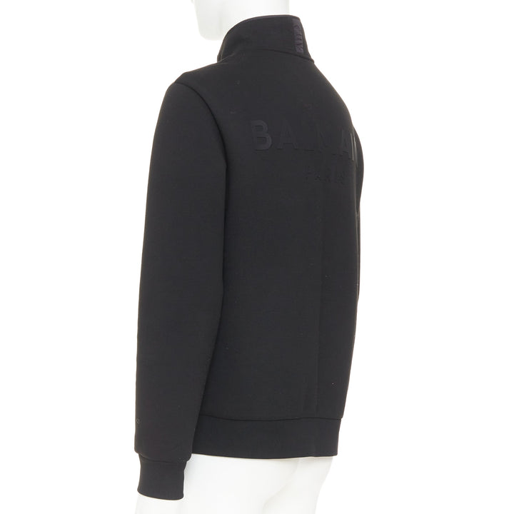 BALMAIN black mixed quilted puffer logo neoprene sleeves zip up jacket EU50 L