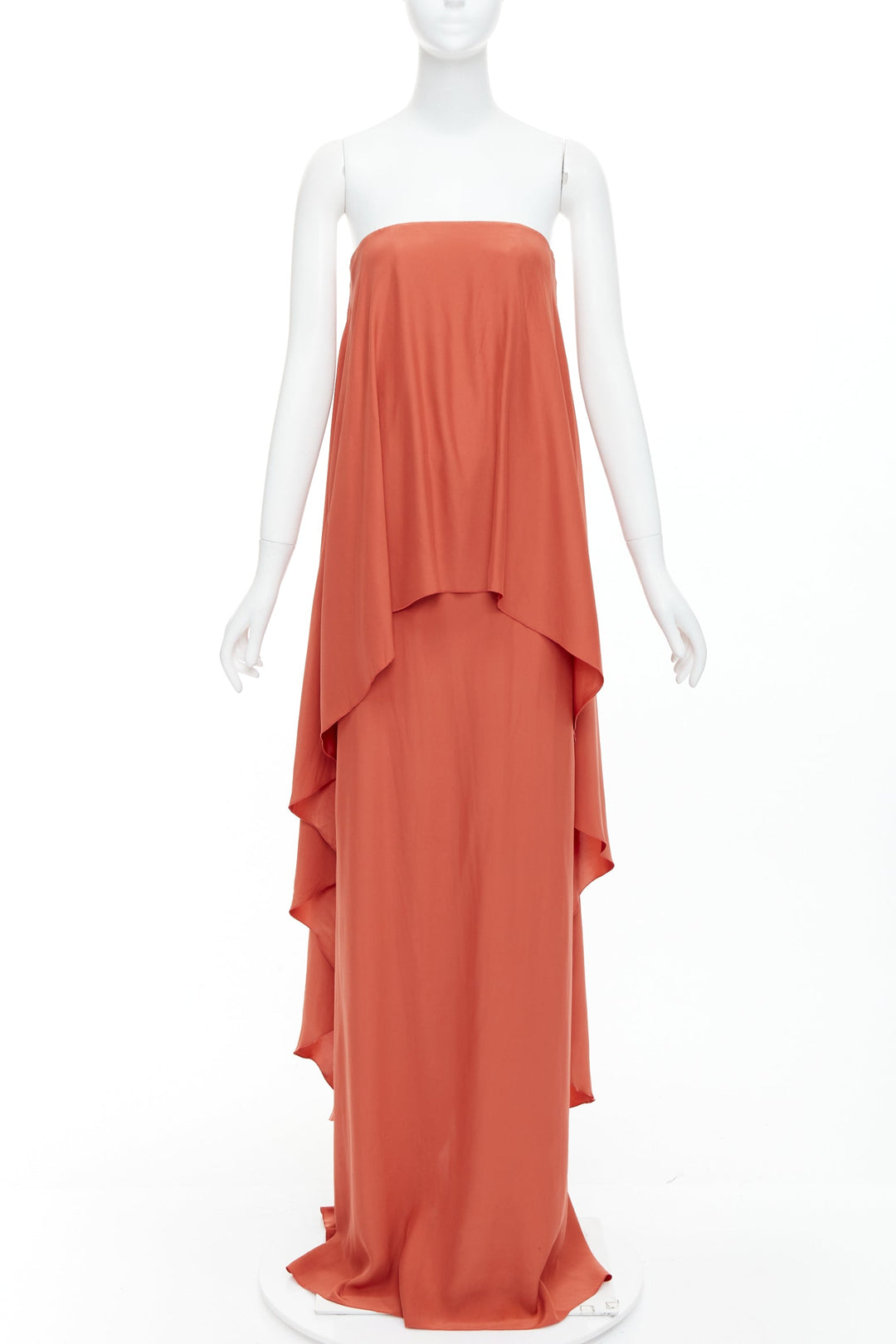 LANVIN 2015 100% silk burnt orange strapless tiered column maxi gown FR36 S