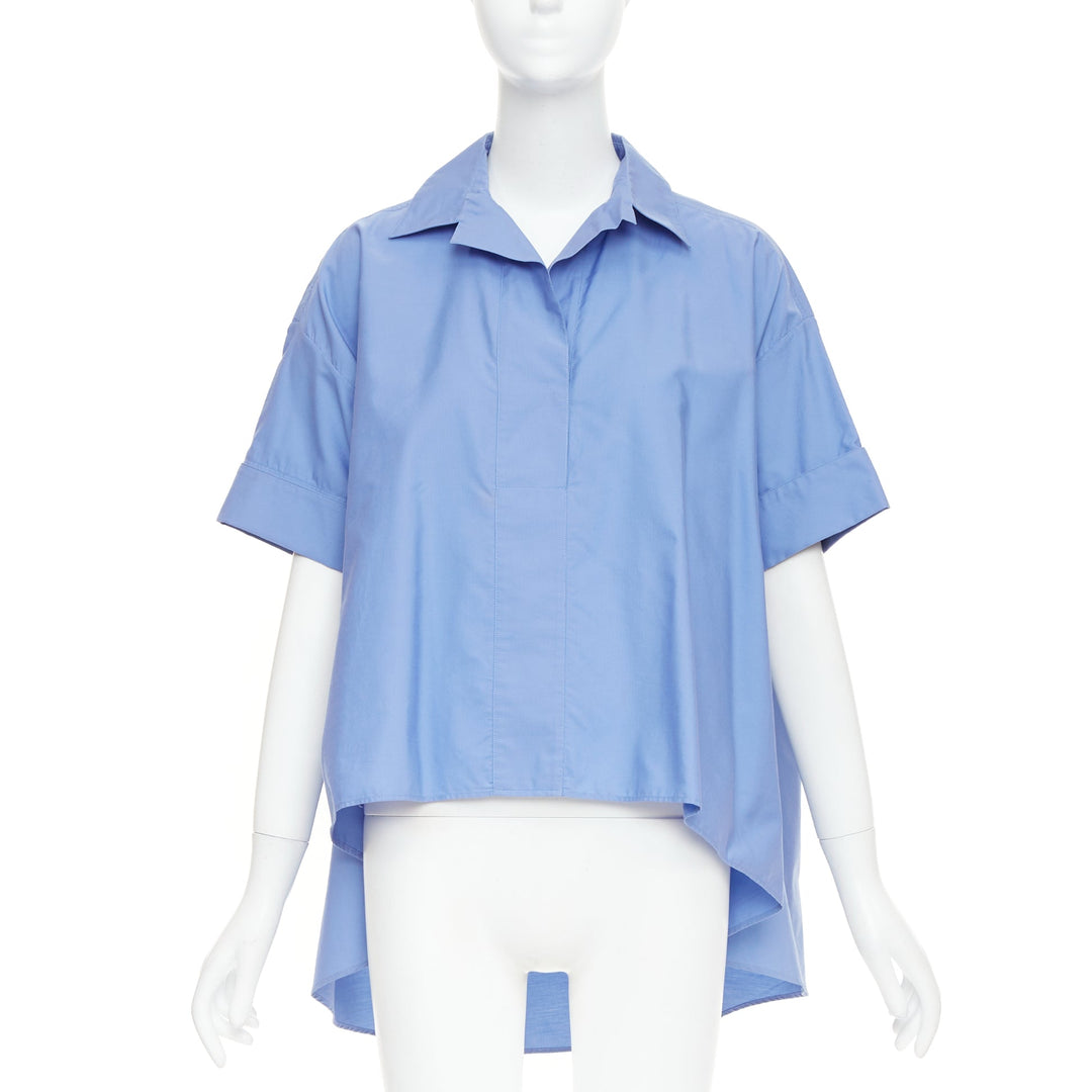 LANVIN sky blue cotton poplin high low collared half sleeve cropped shirt FR36 S