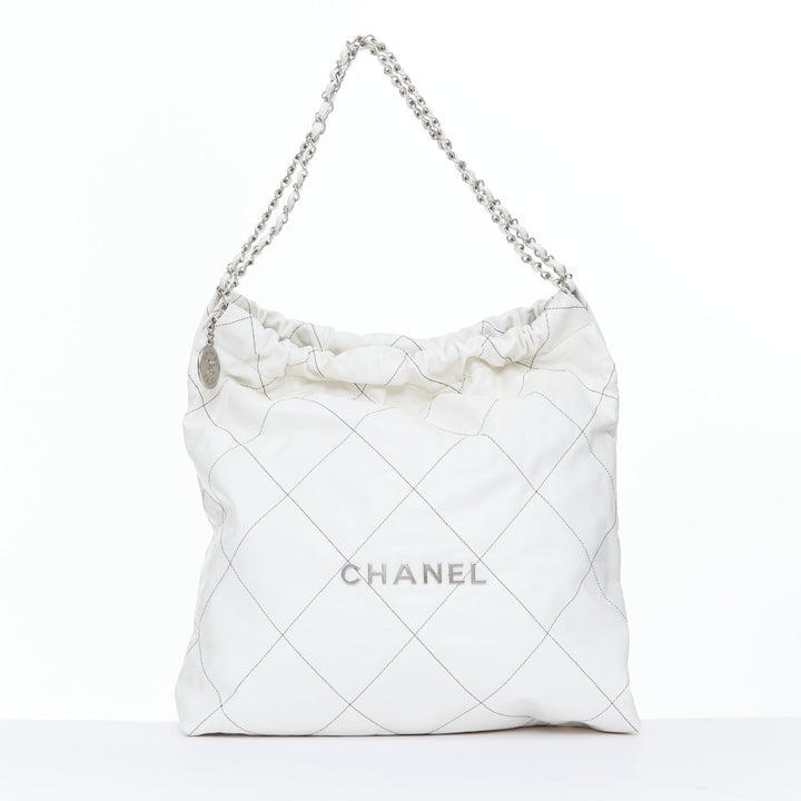 CHANEL 2022 Runway 22 Medium white quilted shiny calfskin silver hobo bag
