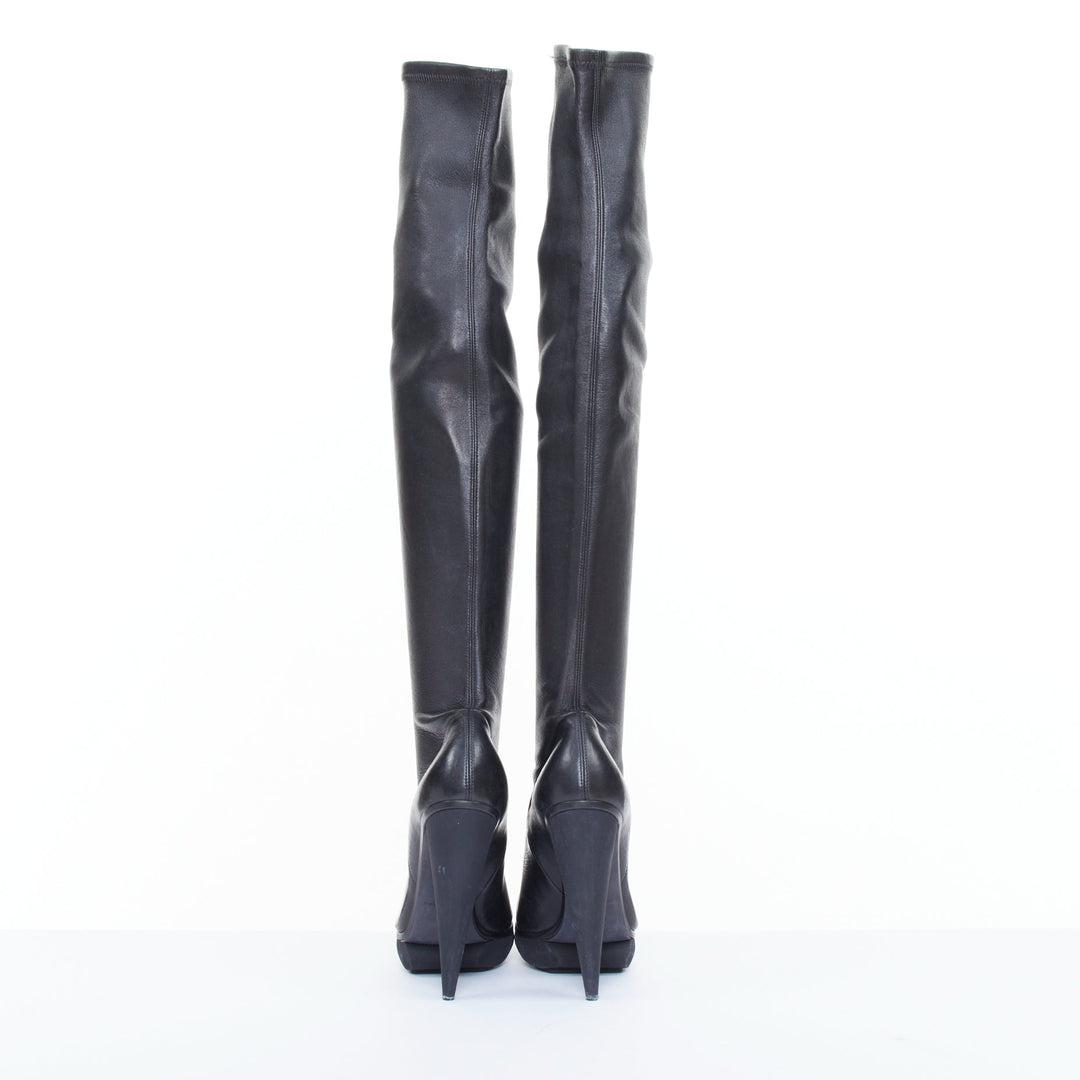 BALENCIAGA 2008 Runway smooth black leather horn cone heel platform boots EU37.5