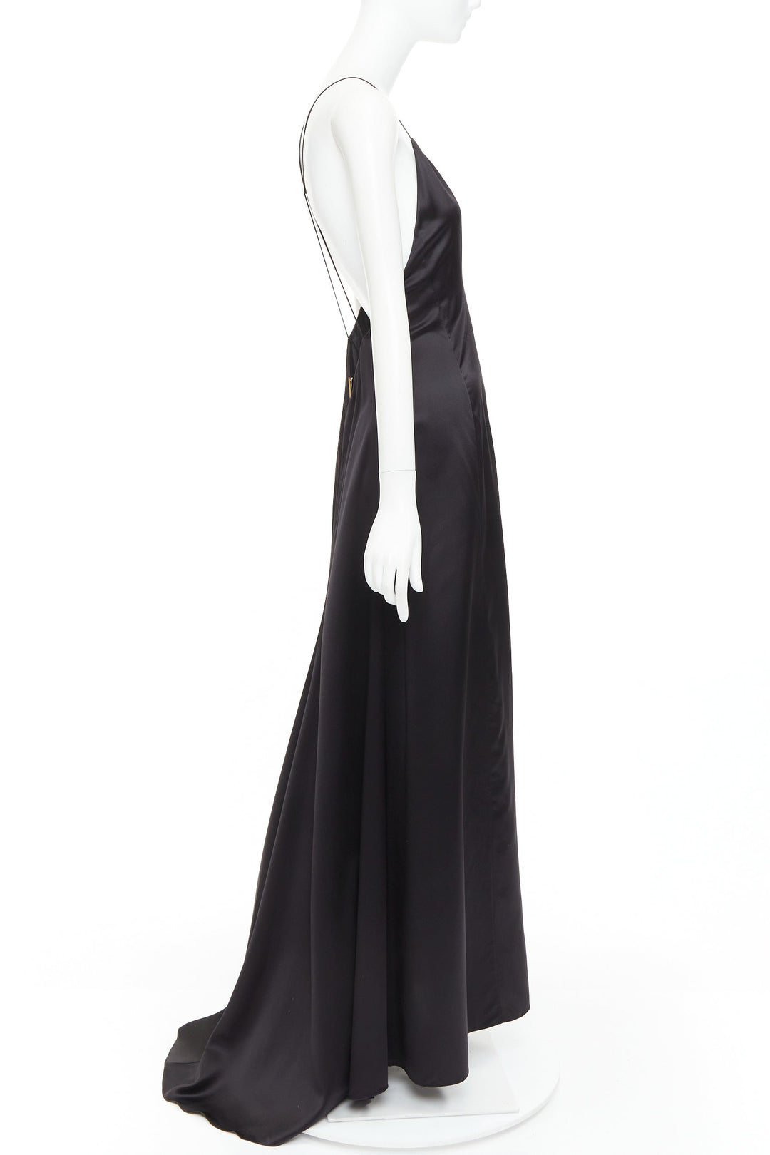 SAINT LAURENT 2022 Runway black silk plunge open back high slit slip gown FR40 M