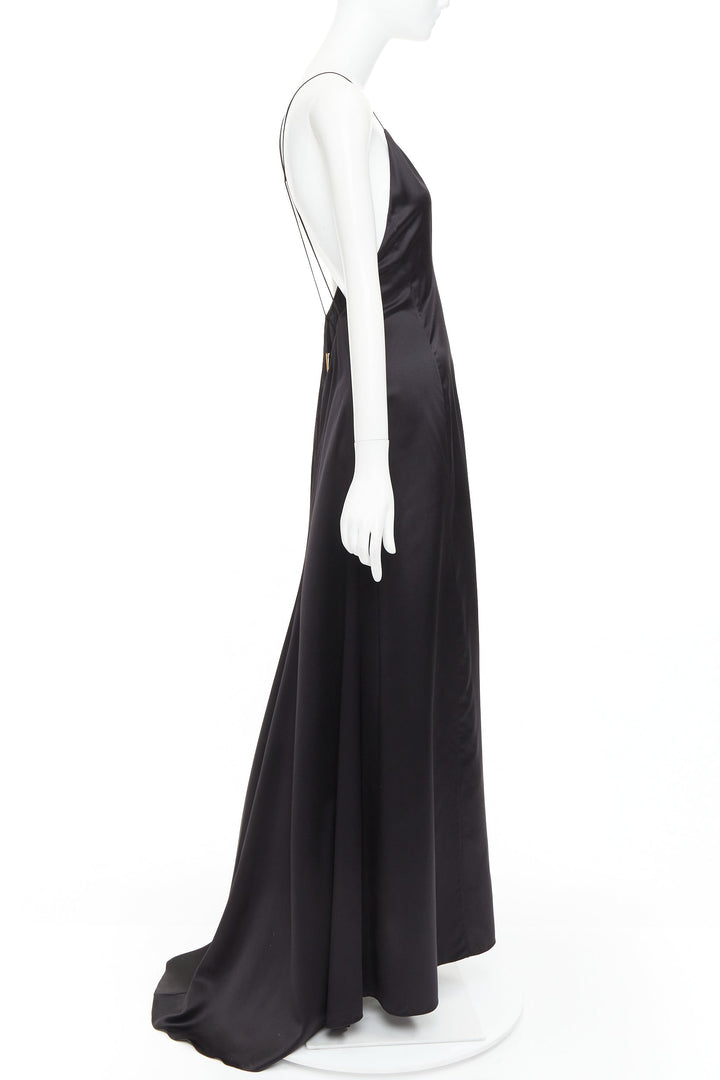 SAINT LAURENT 2022 Runway black silk plunge open back high slit slip gown FR40 M