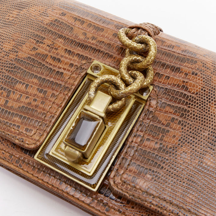 BOTTEGA VENETA brown lizard gold intrecciato resin chain evening clutch bag