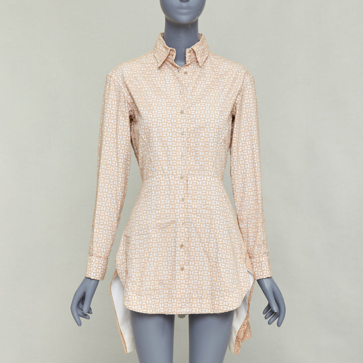 ALAIA 2012 nude cream laser cut overlay cotton peplum shirt dress FR38 M