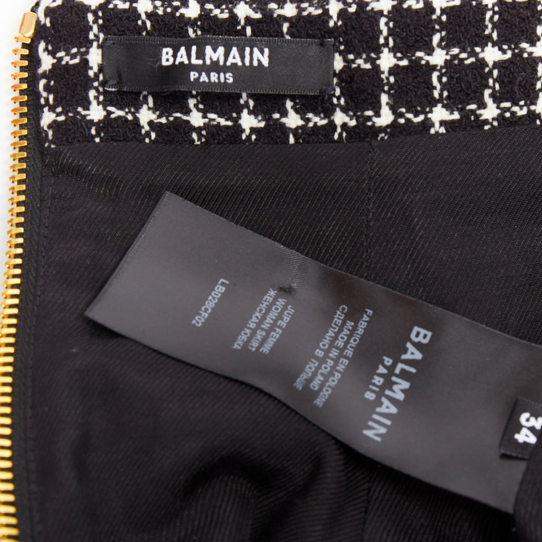 BALMAIN Tulip black white houndstooth cotton tweed flare skater skirt FR34 XS