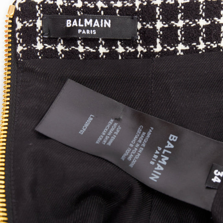 BALMAIN Tulip black white houndstooth cotton tweed flare skater skirt FR34 XS