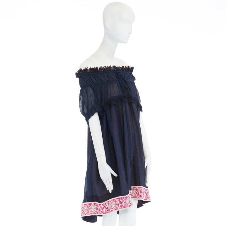 CHLOE navy embroidery lace trim off shoulder boho dress FR36 S