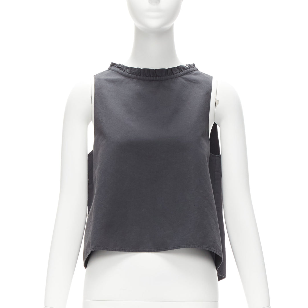 ATLANTIQUE ASCOLI charcoal grey ruffle collar dipped back boxy top US2 S