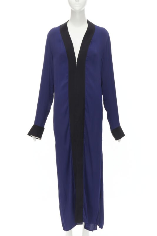 HAIDER ACKERMANN dark blue rayon black silk trimmed long robe jacket FR36 S