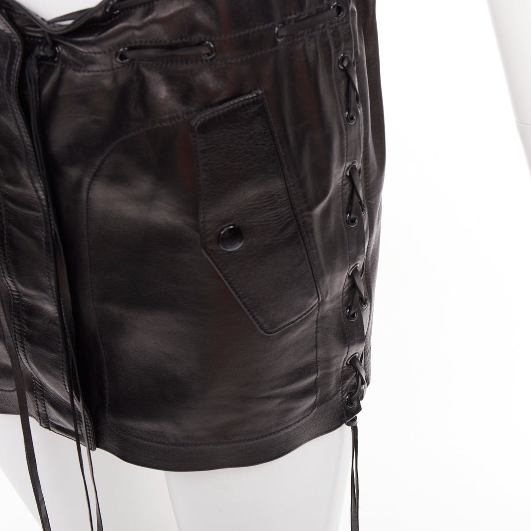 SAINT LAURENT 2018 black lambskin leather drawstring waist mini skirt FR36 S