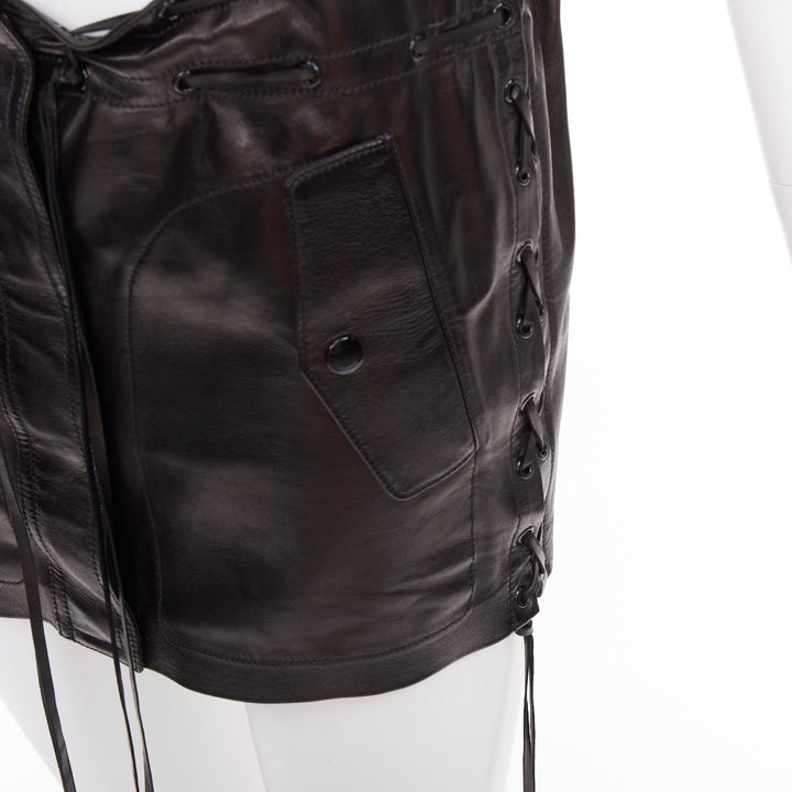 SAINT LAURENT 2018 black lambskin leather drawstring waist mini skirt FR36 S
