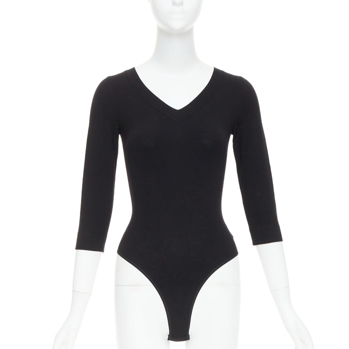 ALAIA black virgin wool blend V-neck bodysuit sweater leotard top FR36 S
