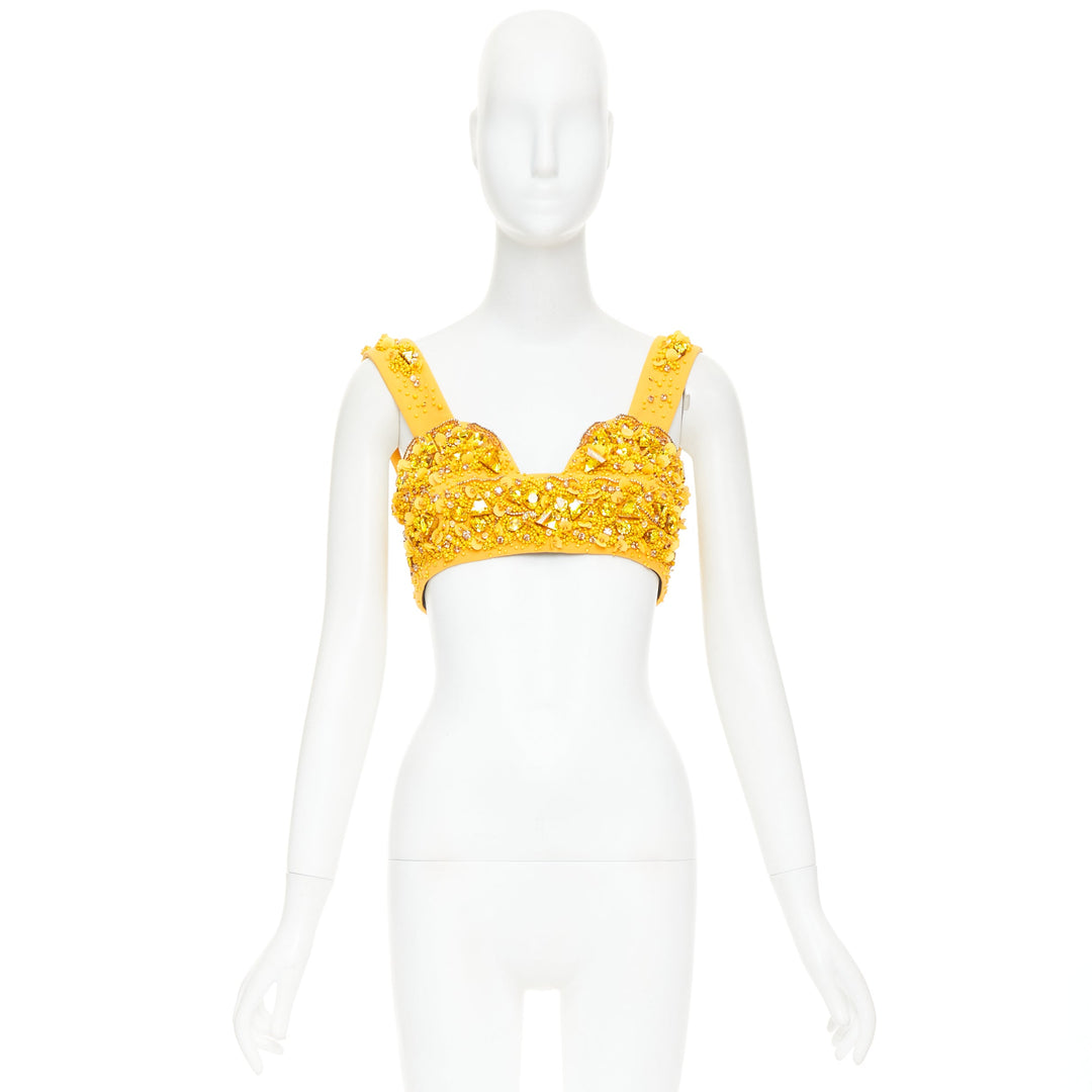 rare PRADA 2014 Runway yellow wool crystal jewel encrusted bustier top IT38 XS