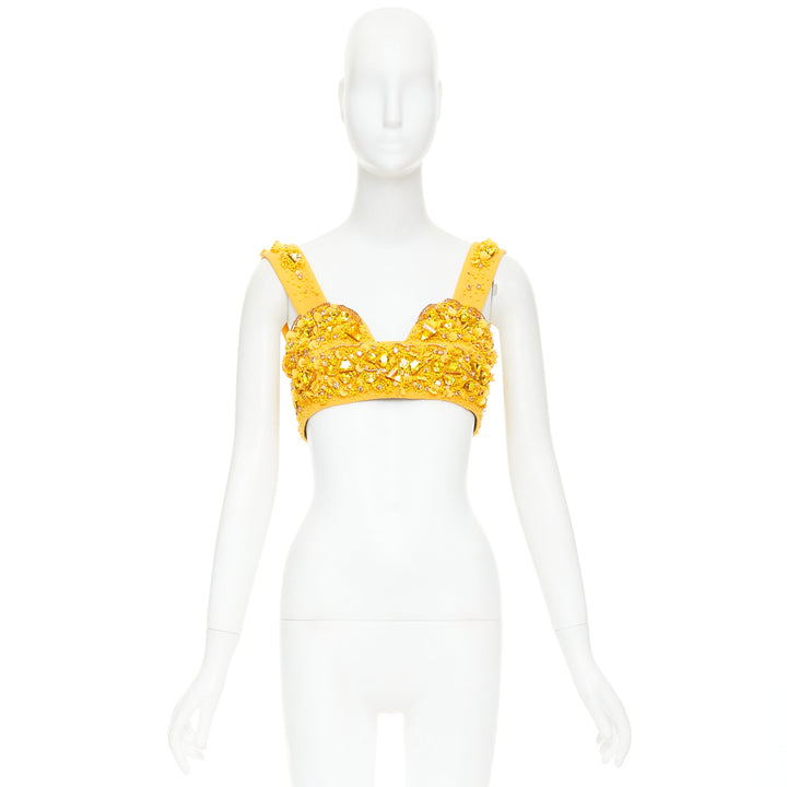 rare PRADA 2014 Runway yellow wool crystal jewel encrusted bustier top IT38 XS