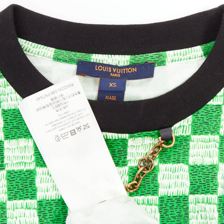 LOUIS VUITTON Damier green white cotton LV print chain detail tshirt XS