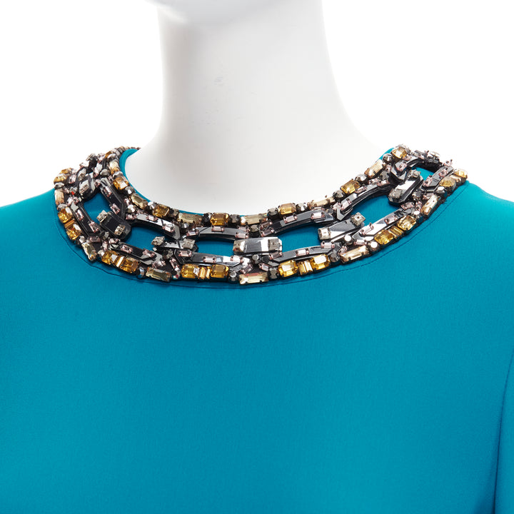 GUCCI blue yellow silver crystal  chunky chain embellishment shift dress IT40 S