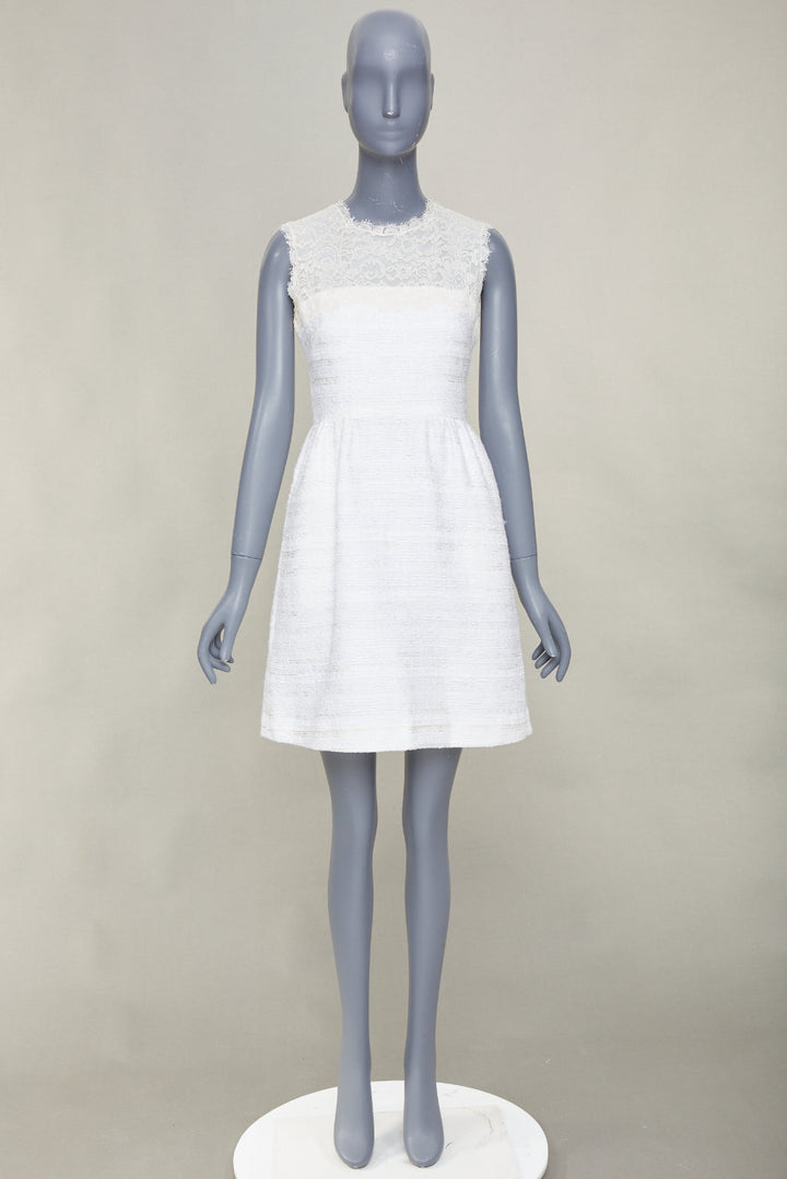 VALENTINO 2018 Bridal white sheer lace yoke tweed mixed mini dress IT40 S