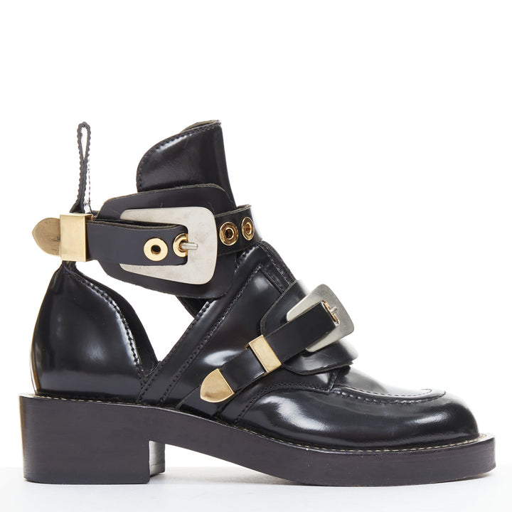 BALENCIAGA Ceinture black mixed metal hardware black cut out moto boots EU35.5