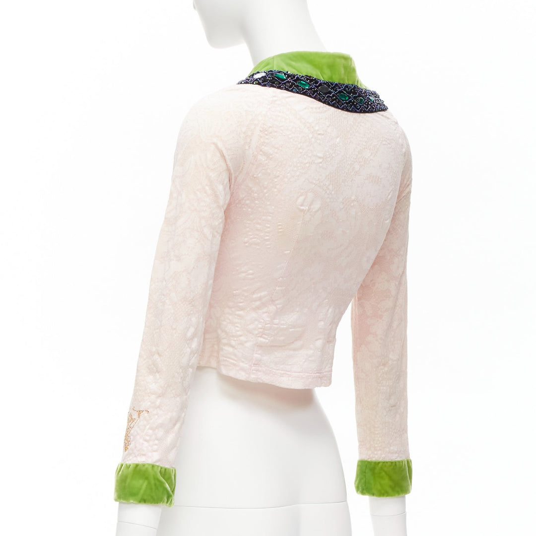 VOYAGE INVEST IN THE ORIGINAL LONDON green velvet pink lace beaded jacket M