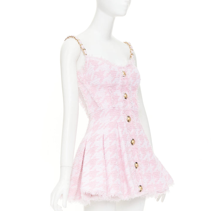 BALMAIN 2025 pink white houndstooth tweed flared min dress FR36 S Taylor Swift