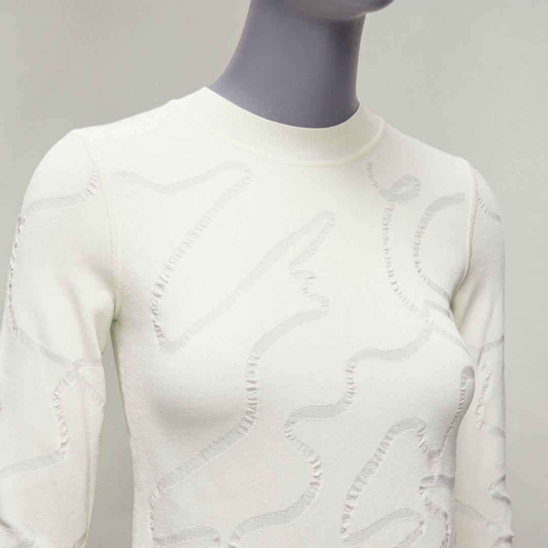 HELMUT LANG cream wiggly line motive jacquard long sleeve sweater S