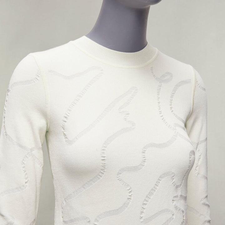 HELMUT LANG cream wiggly line motive jacquard long sleeve sweater S