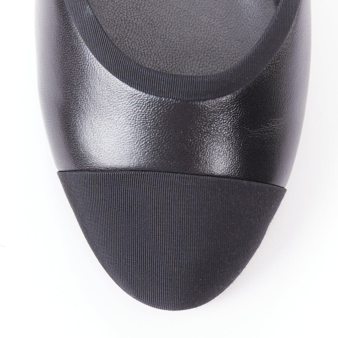 CHANEL 20C black leather grosgrain cap toe gold CC heel mary jane flats EU40