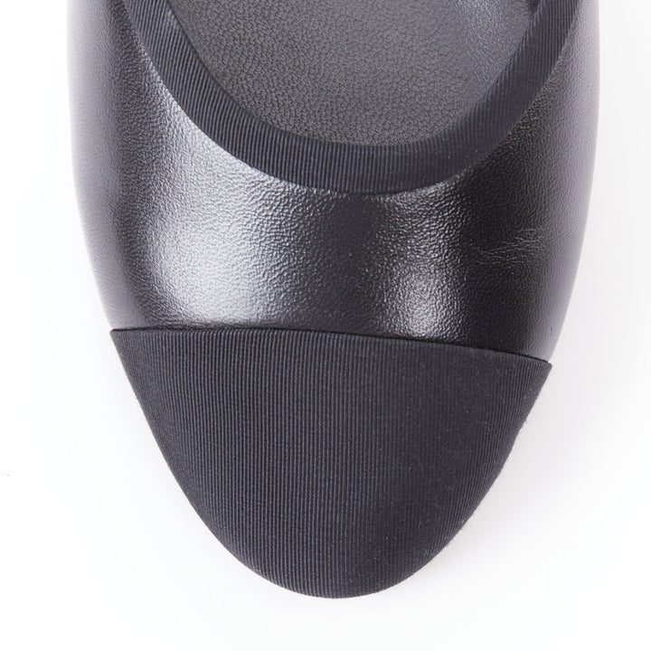 CHANEL 20C black leather grosgrain cap toe gold CC heel mary jane flats EU40