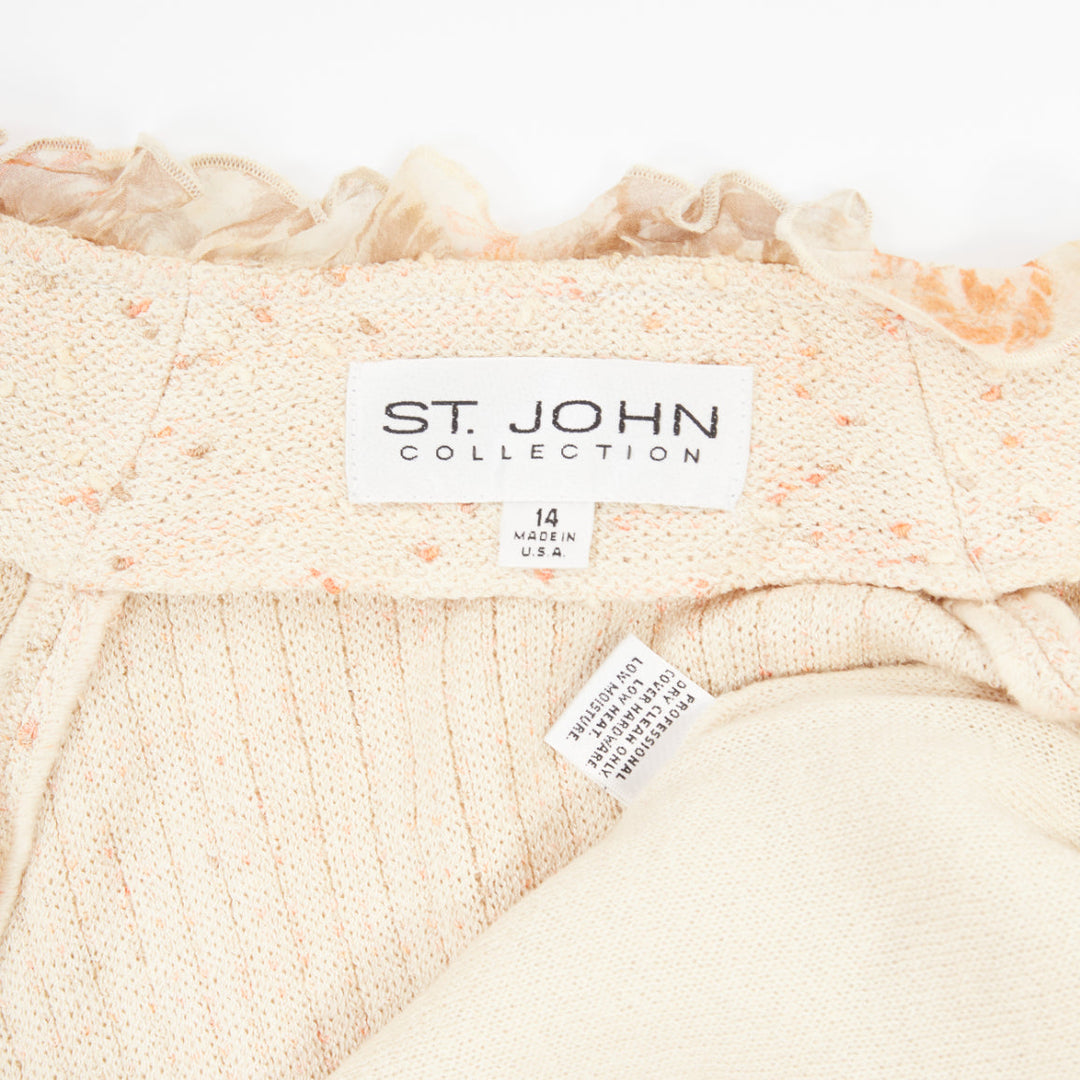 ST JOHN COUTURE cream pink flecked boucle knit ruffle trim duster coat US14 3XL