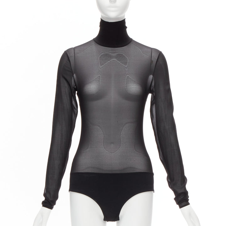 MAISON MARGIELA Vintage black silk blend sheer turtleneck bodysuit FR40 L