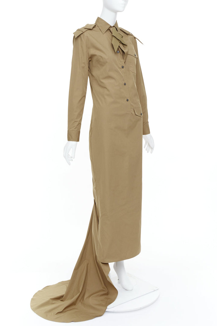 PRADA 2023 Runway brown poplin necktie safari utility shirt trail gown IT38 XS