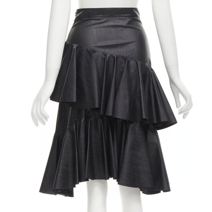 PHILOSOPHY DI LORENZO SERAFINI black faux leather asymmetric tier skirt IT38 XS