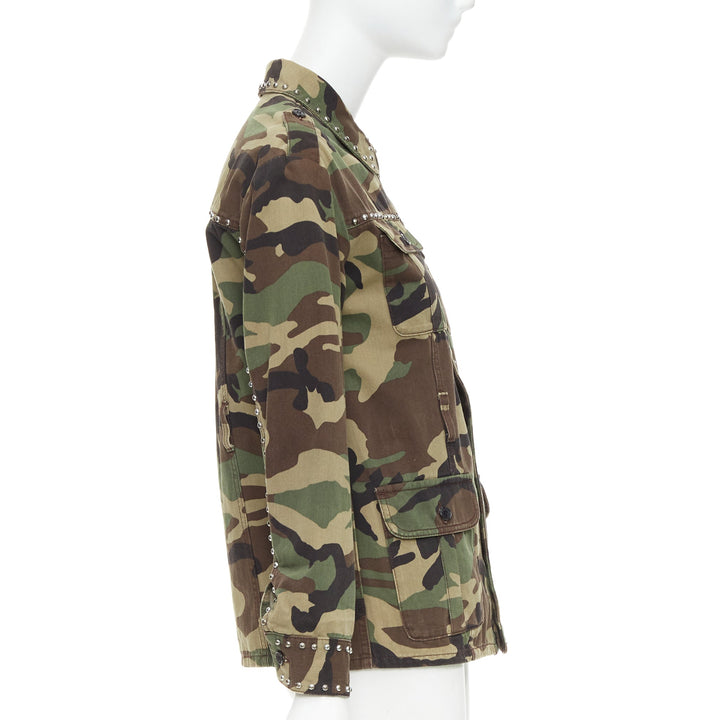 SAINT LAURENT 2015 green khaki camo print cotton studded army jacket XS