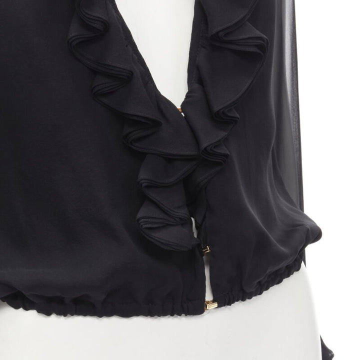 GUCCI TOM FORD 100% silk black ruffle trim plunge neck blouse IT38 XS