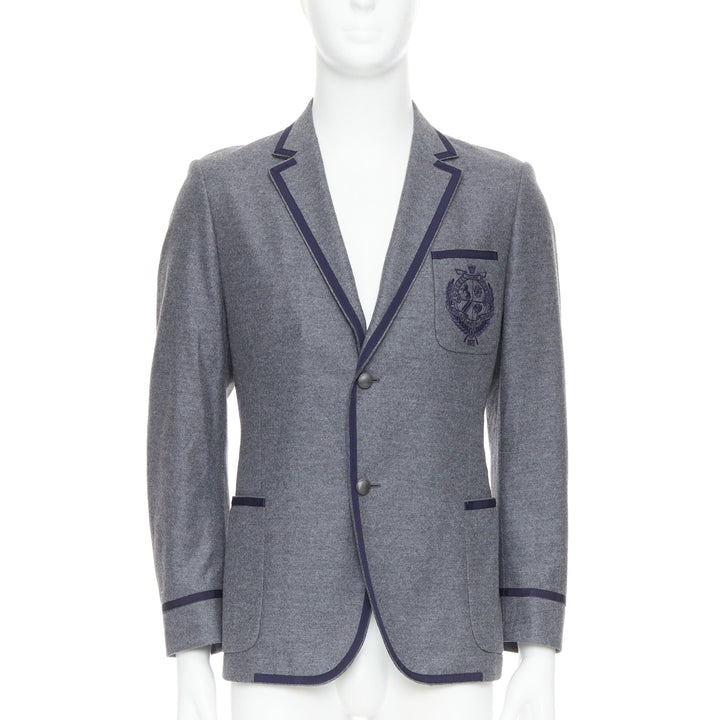 GUCCI grey wool blend navy web trim varsity emblem blazer IT52 XL