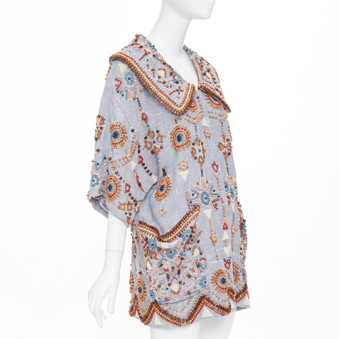 rare MATTHEW WILLIAMSON blue geometric wood bead pearl embellished coat UK12 L