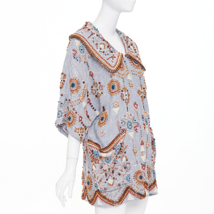 rare MATTHEW WILLIAMSON blue geometric wood bead pearl embellished coat UK12 L