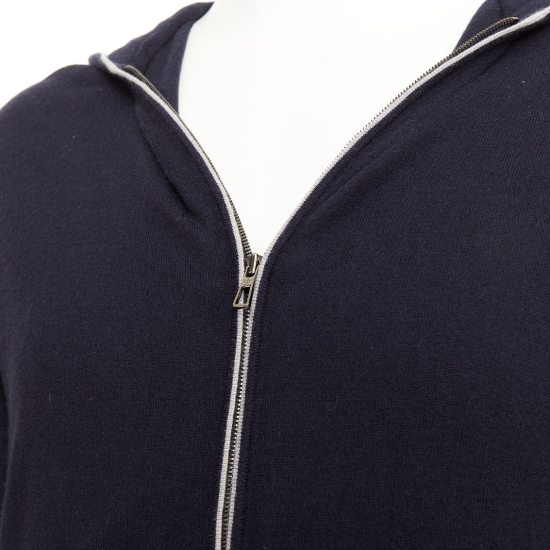 LORO PIANA navy cotton cashmere knit silver zip front hooded sweater hoodie M