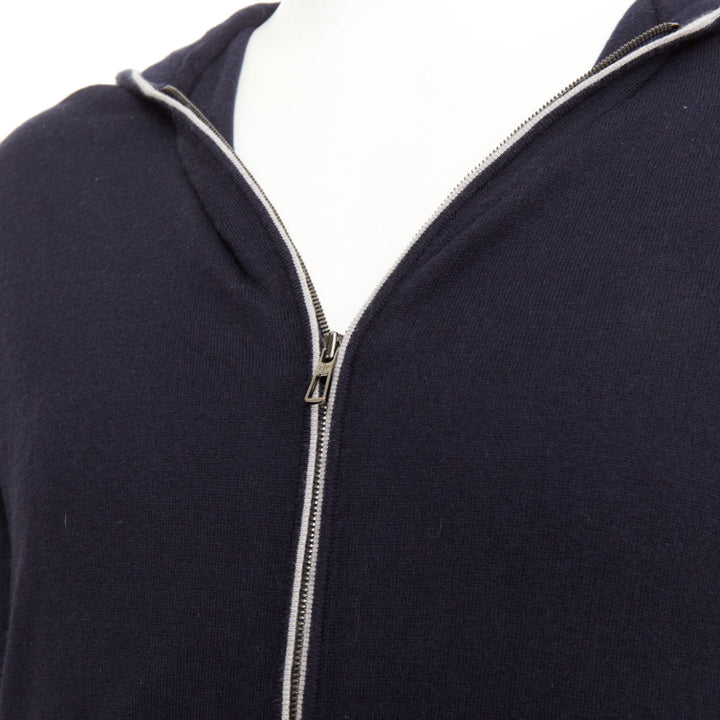 LORO PIANA navy cotton cashmere knit silver zip front hooded sweater hoodie M