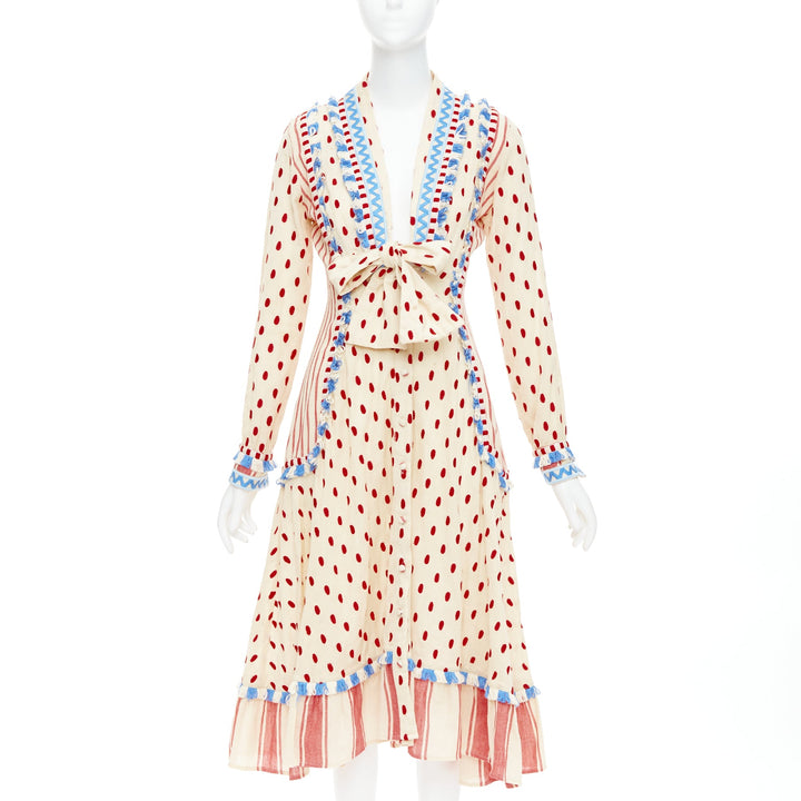 DODO BAR OR Padma beige red blue knotted embroidery cotton boho dress US0 XS