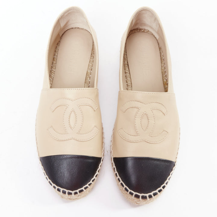 CHANEL nude black leather CC logo jute midsole espadrilles EU37